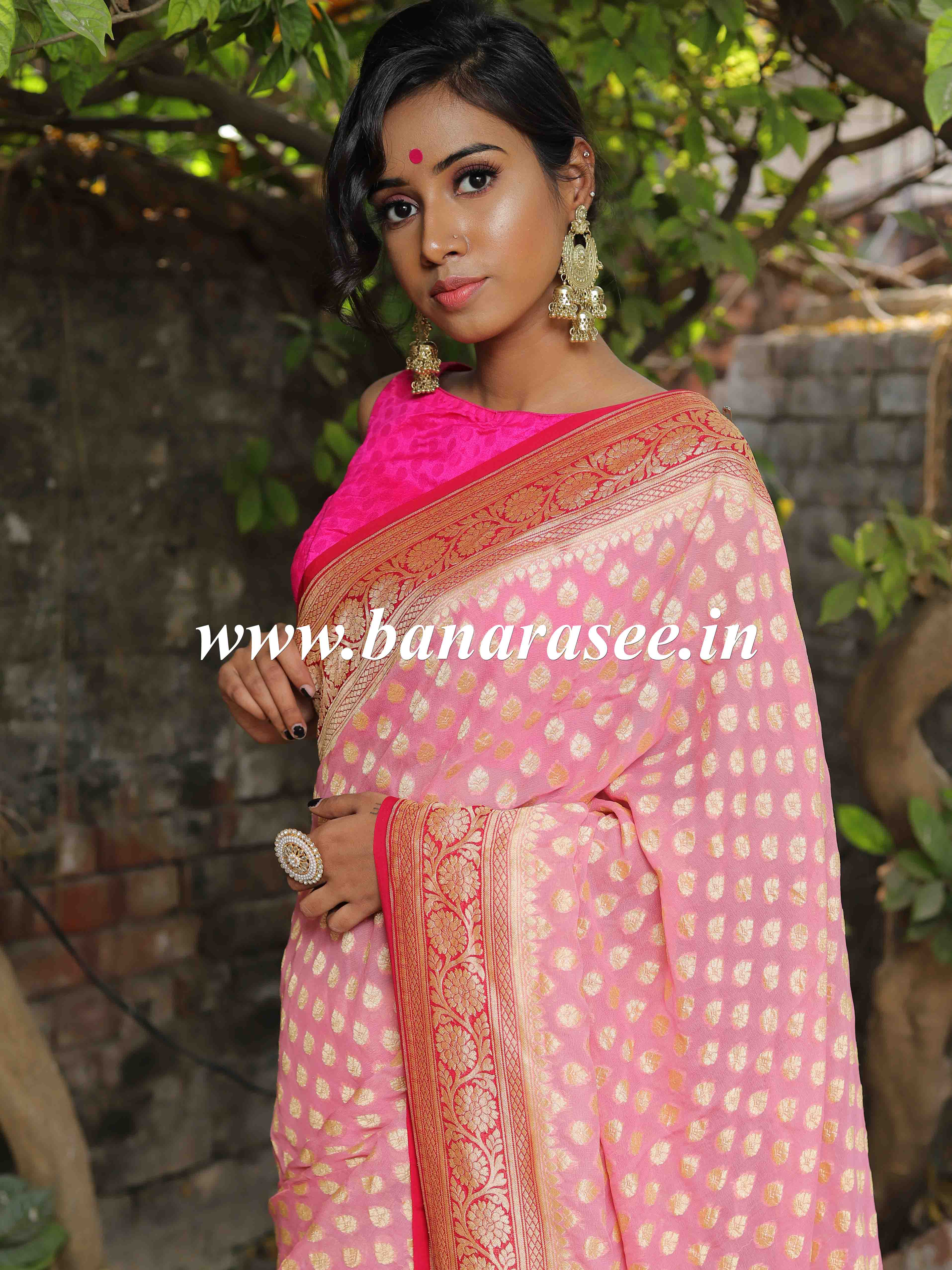 Banarasee Pure Khaddi Chiffon Silk Sari With Small Buti Design & Contrast Floral Border-Blush Pink & Red
