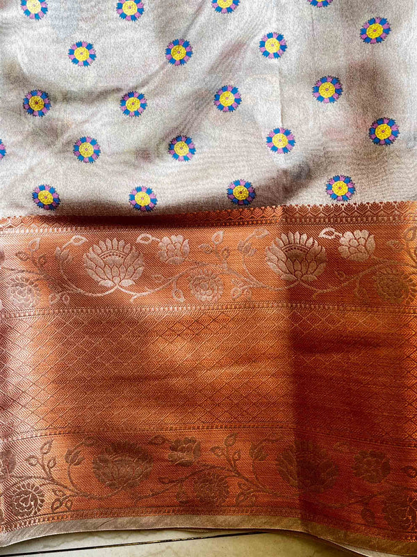 Banarasee Handwoven Semi Silk Saree With Digital Print & Broad Zari Border-Beige