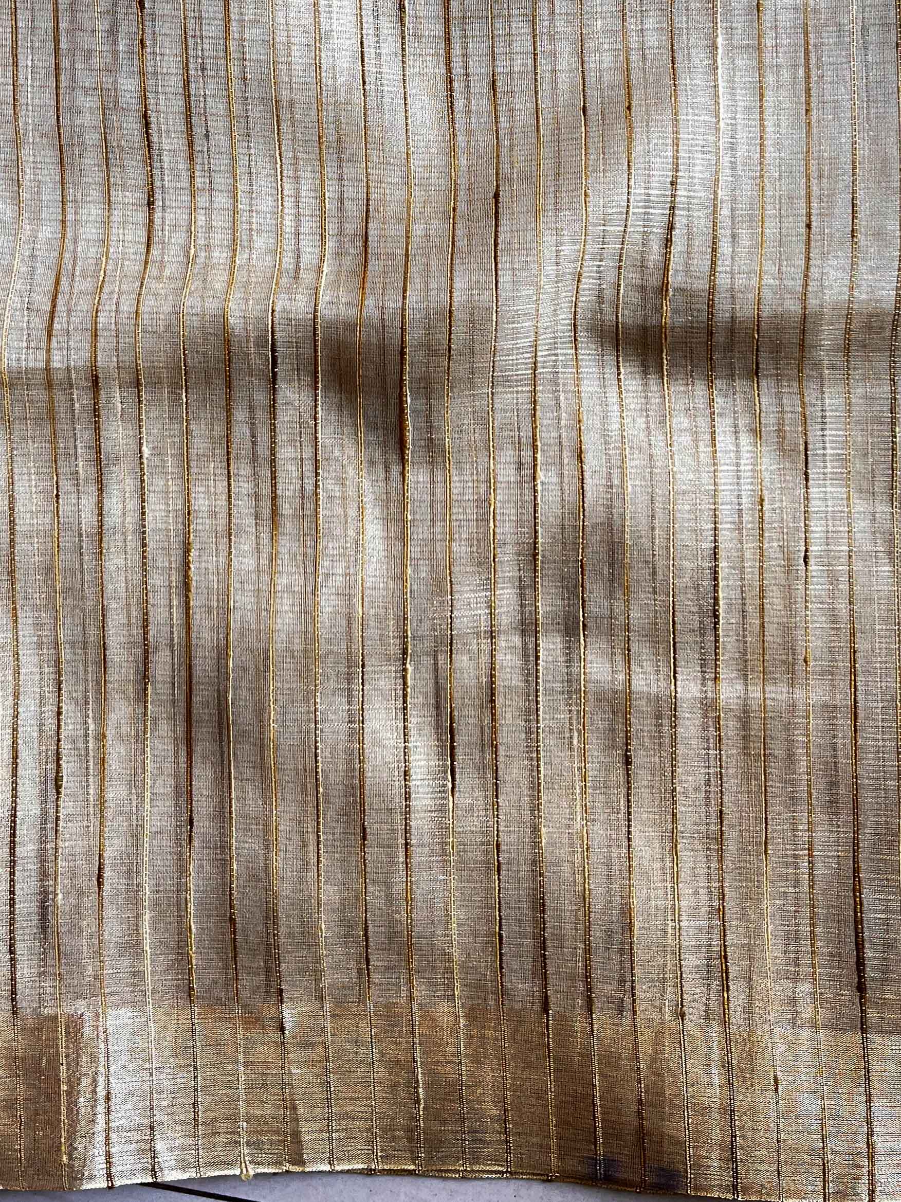 Banarasee Handwoven Gichha Stripes Tissue Saree With Solid Zari Border-Gold