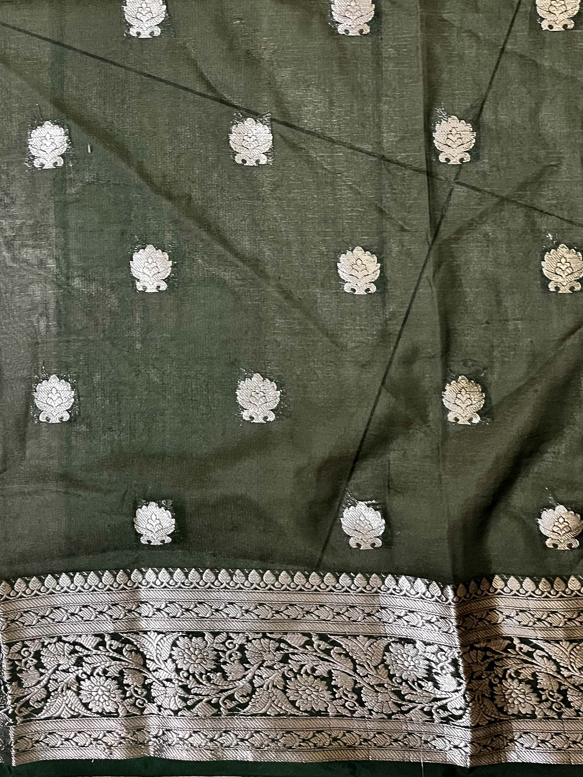 Banarasee Handwoven Semi-Chiffon Saree With Silver Zari Buti Design & Contrast Border-Yellow & Green