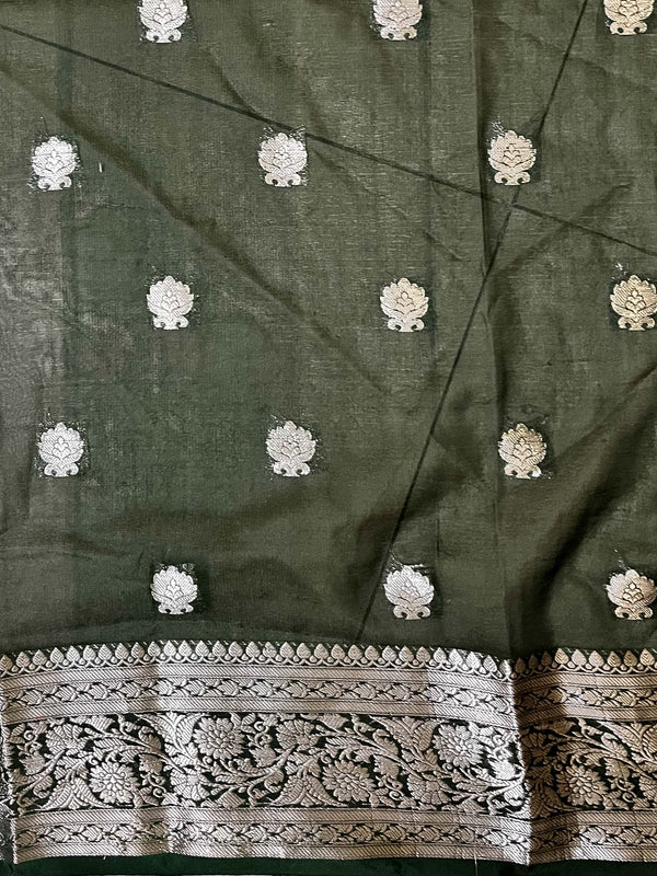 Banarasee Handwoven Semi-Chiffon Saree With Silver Zari Buti Design & Contrast Border-Yellow & Green