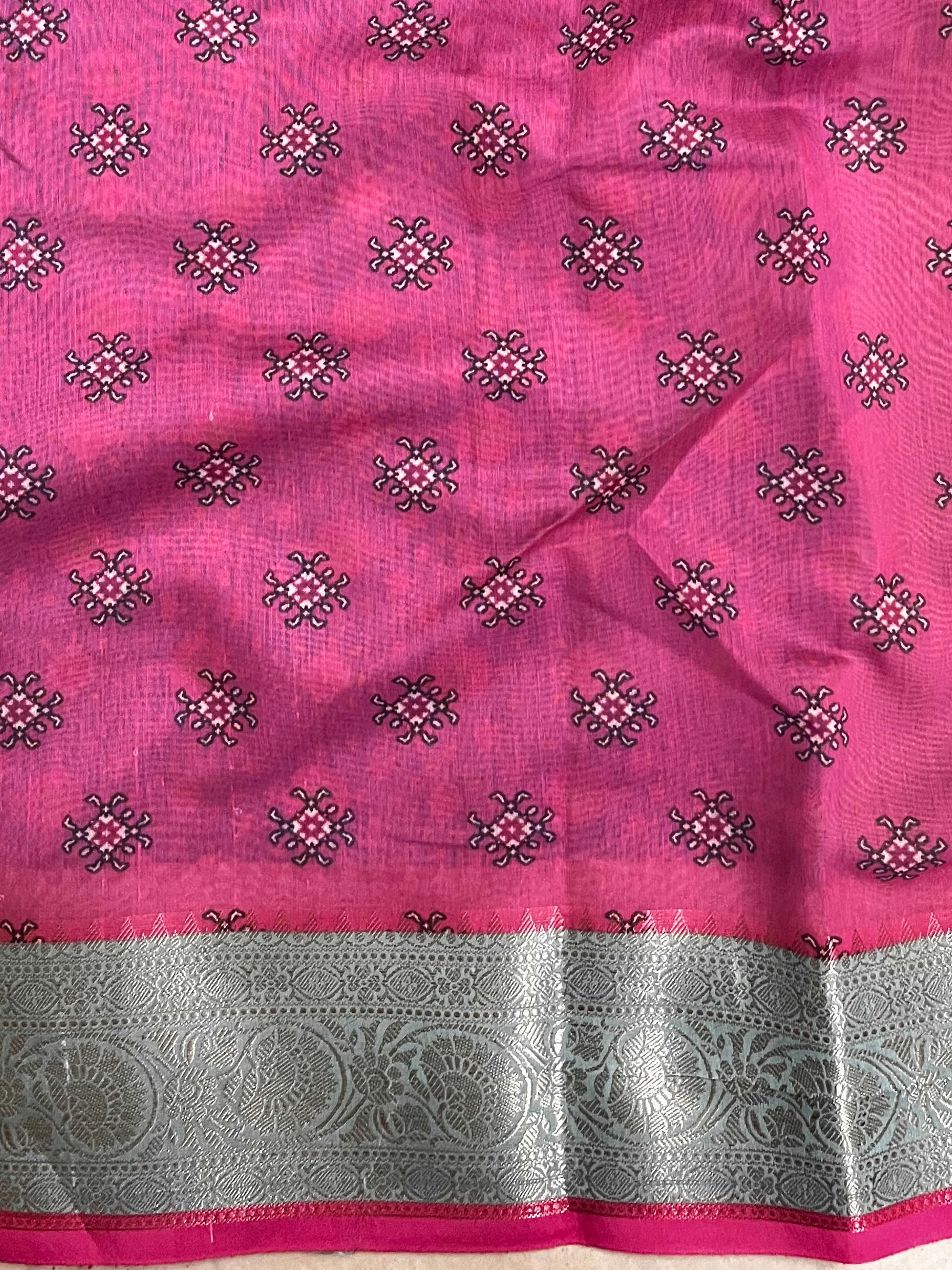 Banarasee Handwoven Semi Silk Saree With Digital Print & Broad Zari Border-Blue