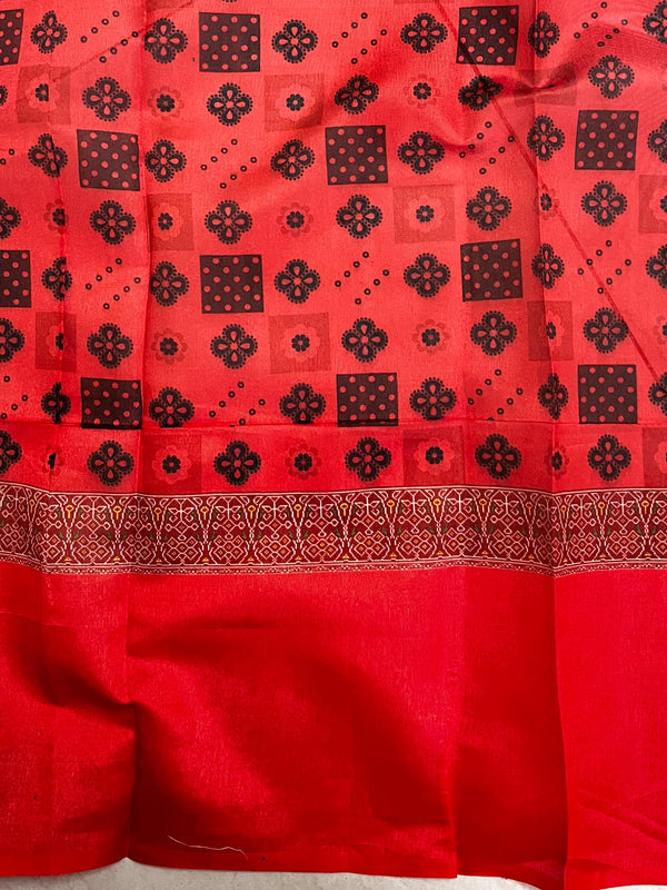 Banarasee Handwoven Semi Silk Saree With Digital Print & Broad Zari Border-Red