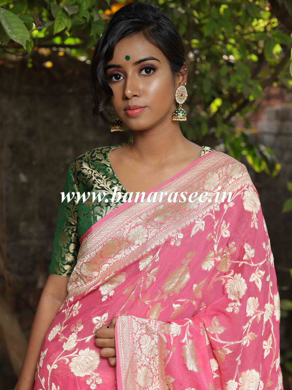 Banarasee/Banarasi Pure Khaddi Georgette Sari With Silver Zari Floral Jaal-Strawberry Pink