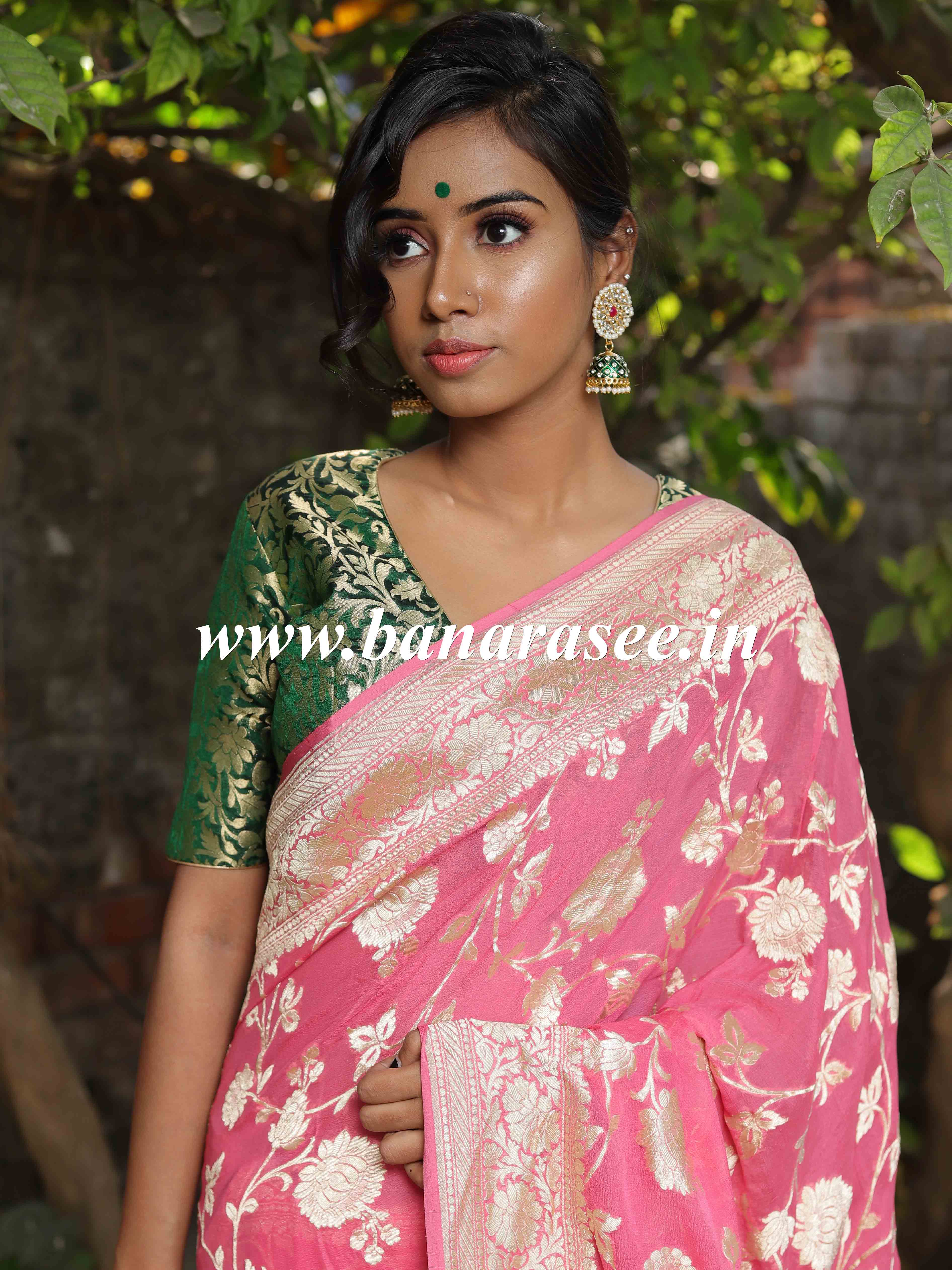 Banarasee/Banarasi Pure Khaddi Georgette Sari With Silver Zari Floral Jaal-Strawberry Pink