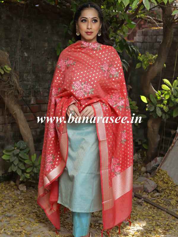 Banarasee Floral Embroidered Chanderi Cotton Lurex Zari Dupatta-Red