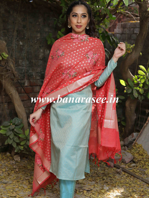Banarasee Floral Embroidered Chanderi Cotton Lurex Zari Dupatta-Red
