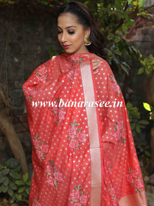 Banarasee Floral Embroidered Chanderi Cotton Lurex Zari Dupatta-Red
