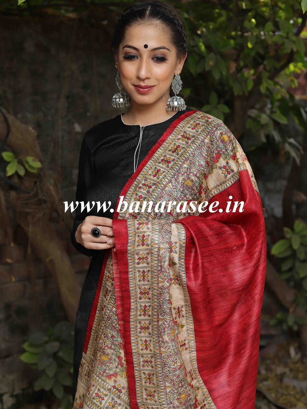 Banarasee Pure Desi Tussar Silk Block Print Dupatta-Beige & Red