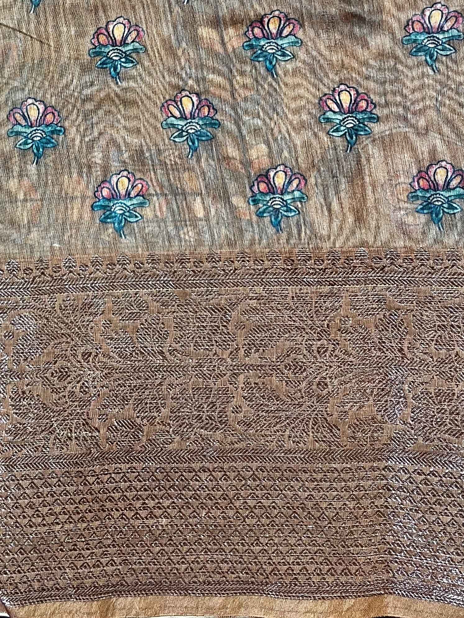 Banarasee Handloom Chanderi Digital Print Saree With Antique Zari Design-Light Brown