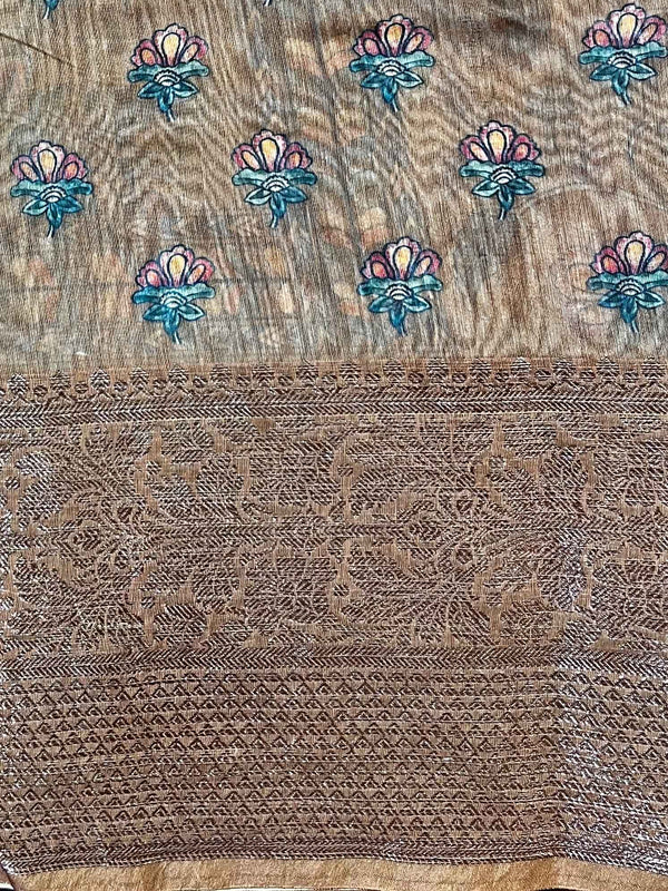 Banarasee Handloom Chanderi Digital Print Saree With Antique Zari Design-Light Brown