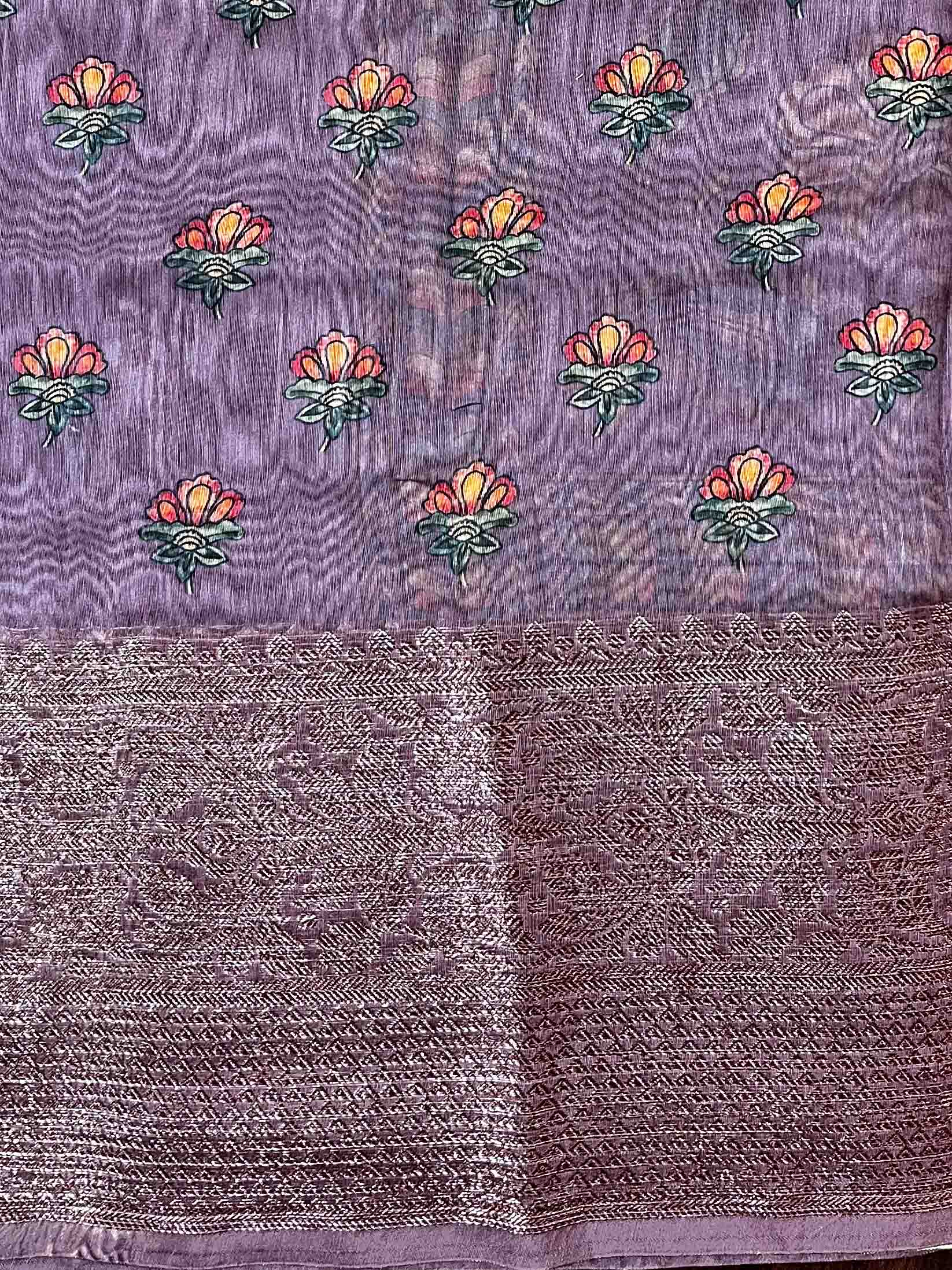 Banarasee Handloom Chanderi Digital Print Saree With Antique Zari Design-Purple