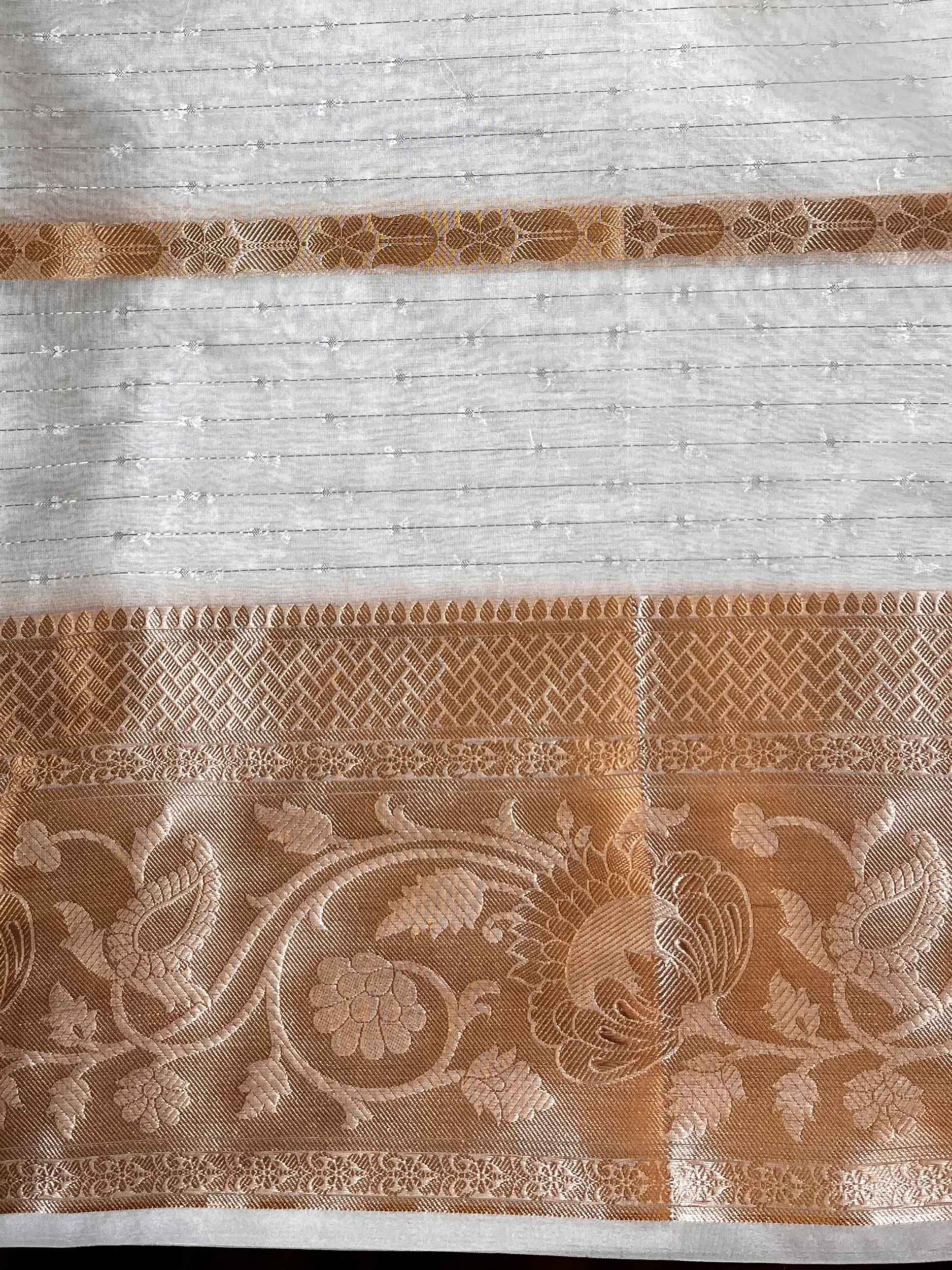 Banarasee Organza Mix Saree With Stripes Design & Broad Border-White