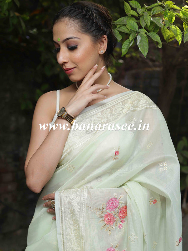 Banarasee Chanderi Cotton Floral Embroidered Saree-Pastel Green