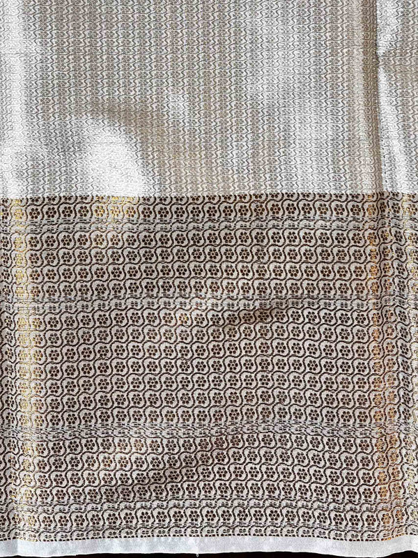 Banarasee Handwoven Semi-Chiffon Saree With Copper Zari Work-White