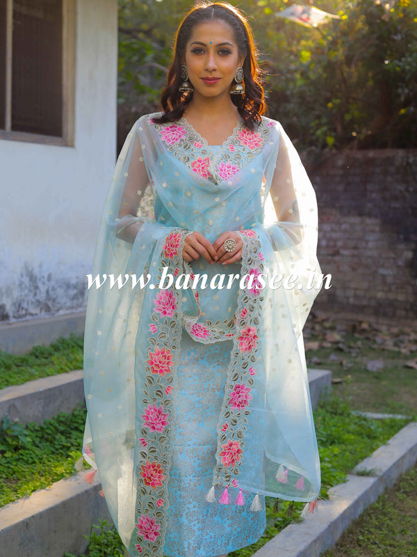 Banarasee Brocade Salwar Kameez Fabric With Embroidered Organza Dupatta-Pastel Blue