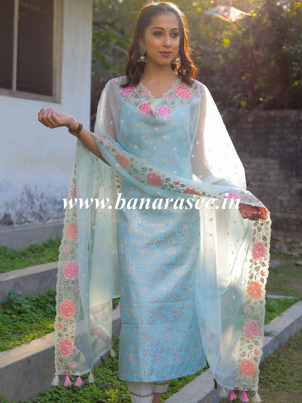 Banarasee Brocade Salwar Kameez Fabric With Embroidered Organza Dupatta-Pastel Blue
