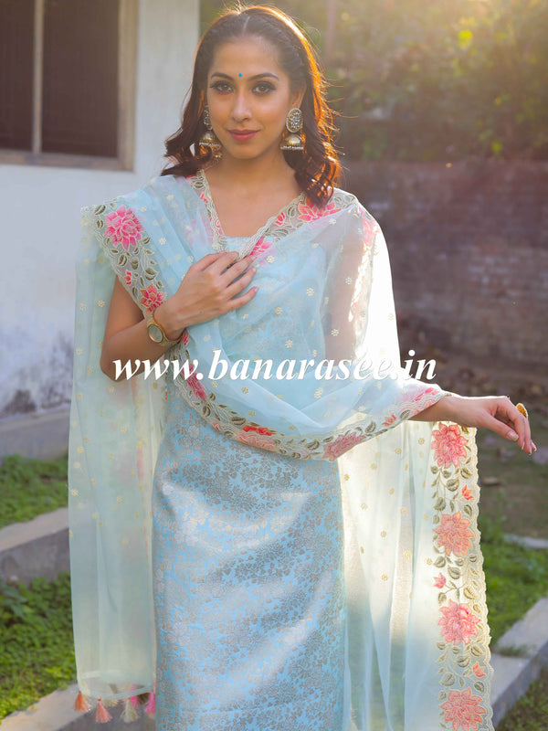 Banarasee Brocade Salwar Kameez Fabric With Embroidered Organza Dupatta-Pastel Blue