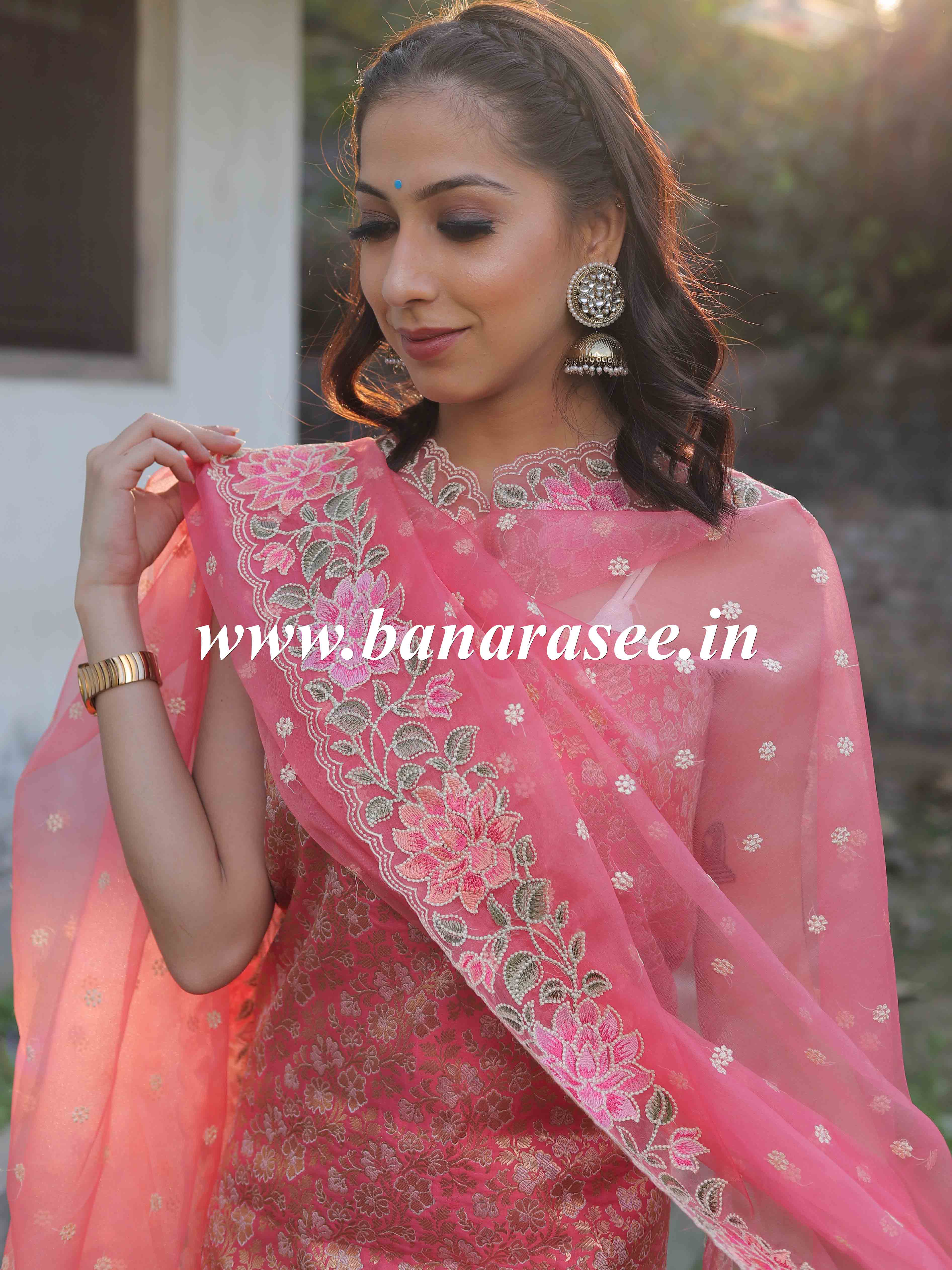 Banarasee Brocade Salwar Kameez Fabric With Embroidered Organza Dupatta-Peach