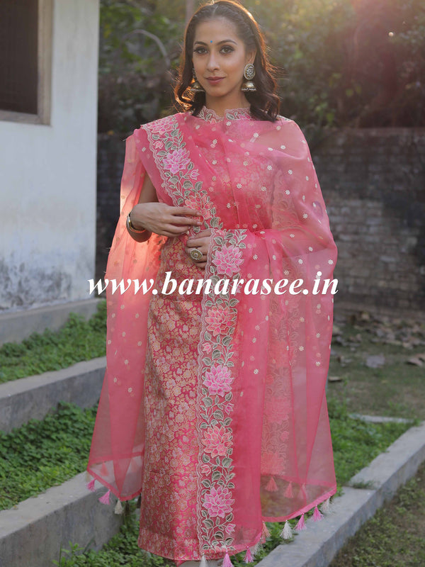 Banarasee Brocade Salwar Kameez Fabric With Embroidered Organza Dupatta-Peach