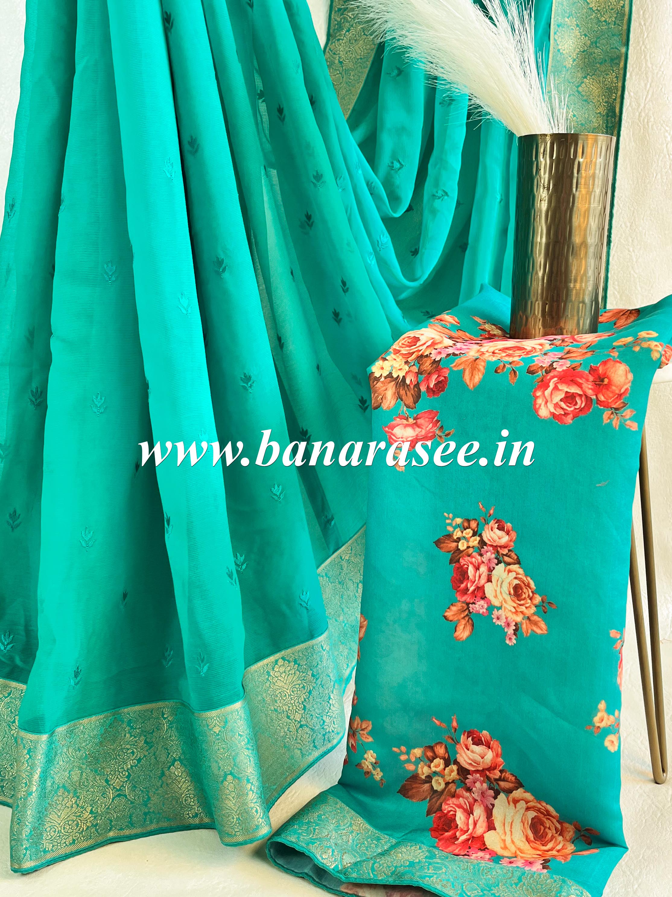 Banarasee Chiffon Blend Saree With Zari Border & Digital Print Blouse-Sea Green