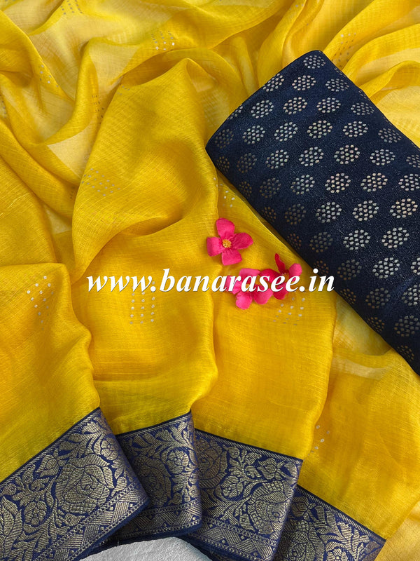 Banarasee Chiffon Blend Saree With Zari Border & Brocade Blouse-Yellow & Blue