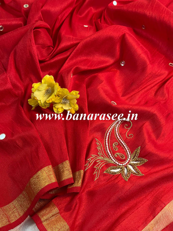 Banarasee Art Silk Dupatta With Mirror Work & Hand-Embroidered Motifs-Red