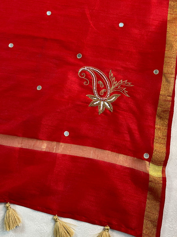 Banarasee Art Silk Dupatta With Mirror Work & Hand-Embroidered Motifs-Red