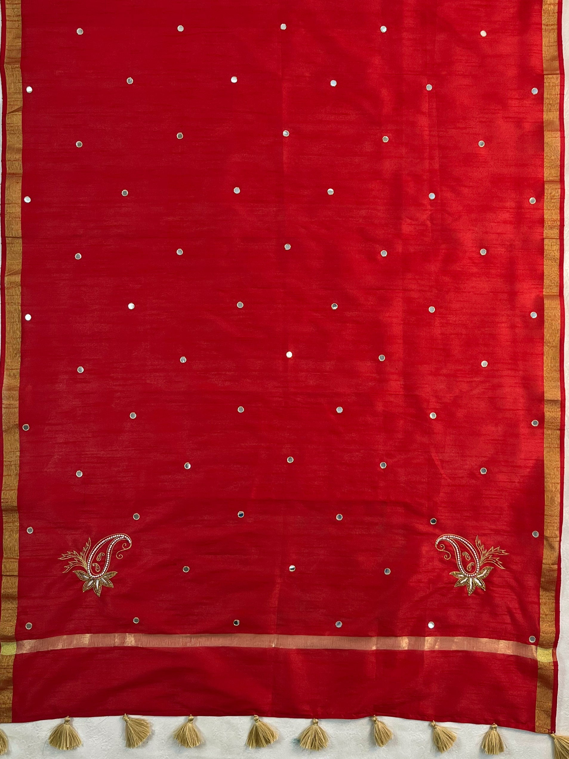 Banarasee Art Silk Dupatta With Mirror Work & Hand-Embroidered Motifs-Red
