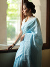 Banarasee Cotton Jamdani Saree With Resham Zig-Zag Design-Blue