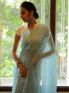 Banarasee Cotton Jamdani Saree With Resham Zig-Zag Design-Blue