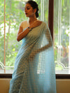 Banarasee Cotton Jamdani Saree With Resham Zig-Zag Design-Blue