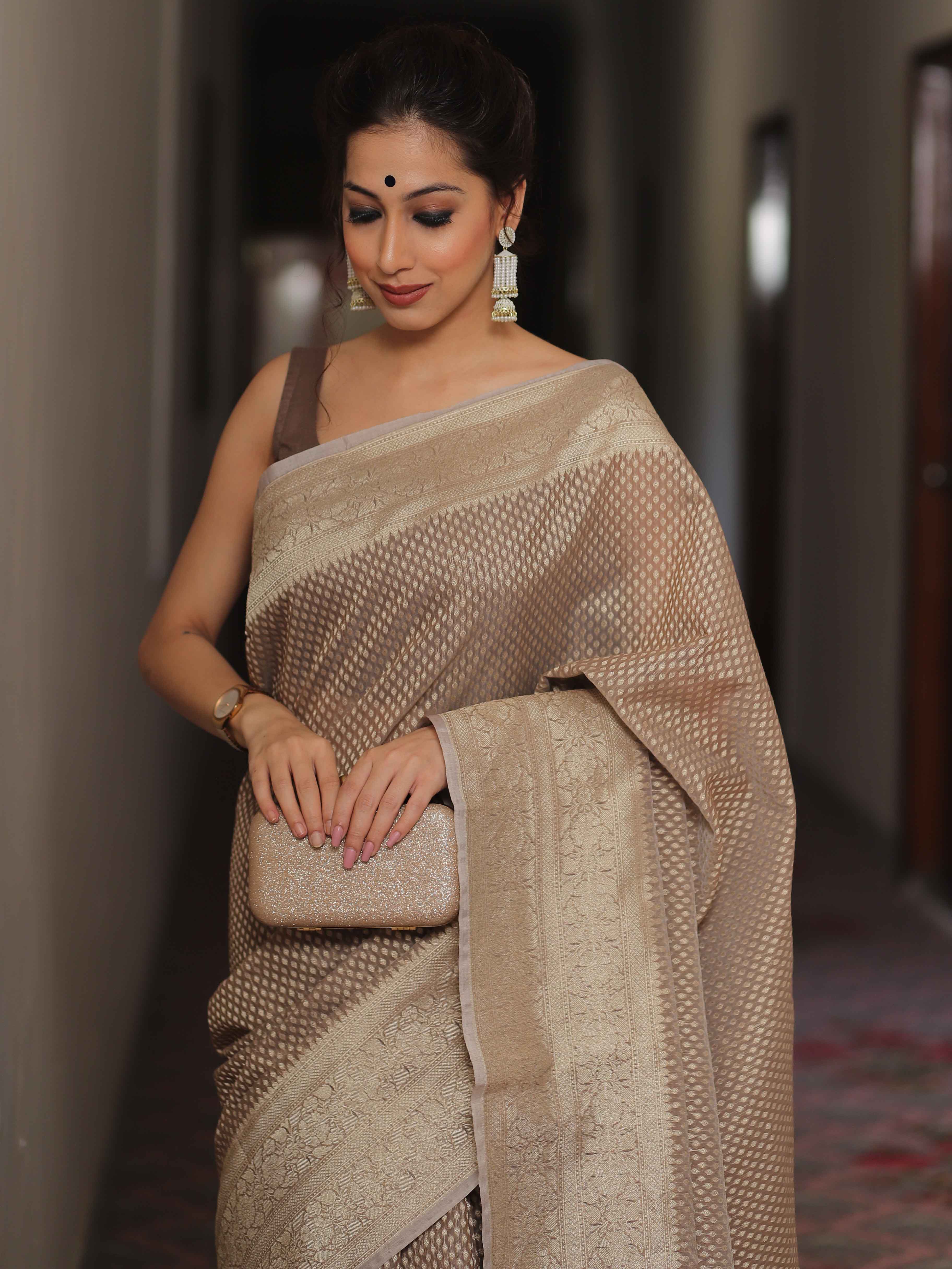 Banarasee Organza Silk Saree With Zari Motifs & Border-Fawn