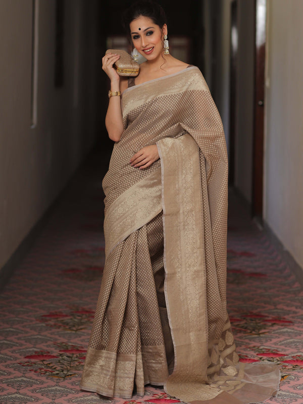 Banarasee Organza Silk Saree With Zari Motifs & Border-Fawn