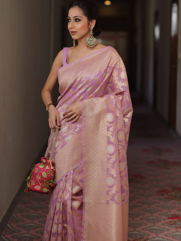 Banarasee Organza Silk Saree With Zari & Meena Jaal & Border-Lavender