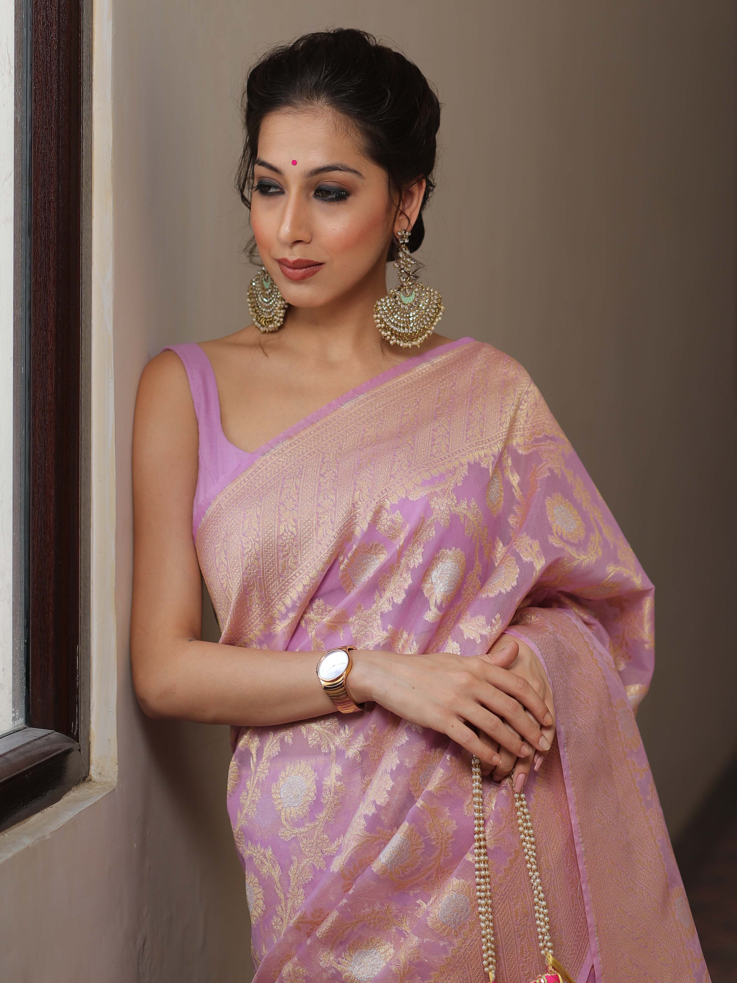 Banarasee Organza Silk Saree With Zari & Meena Jaal & Border-Lavender