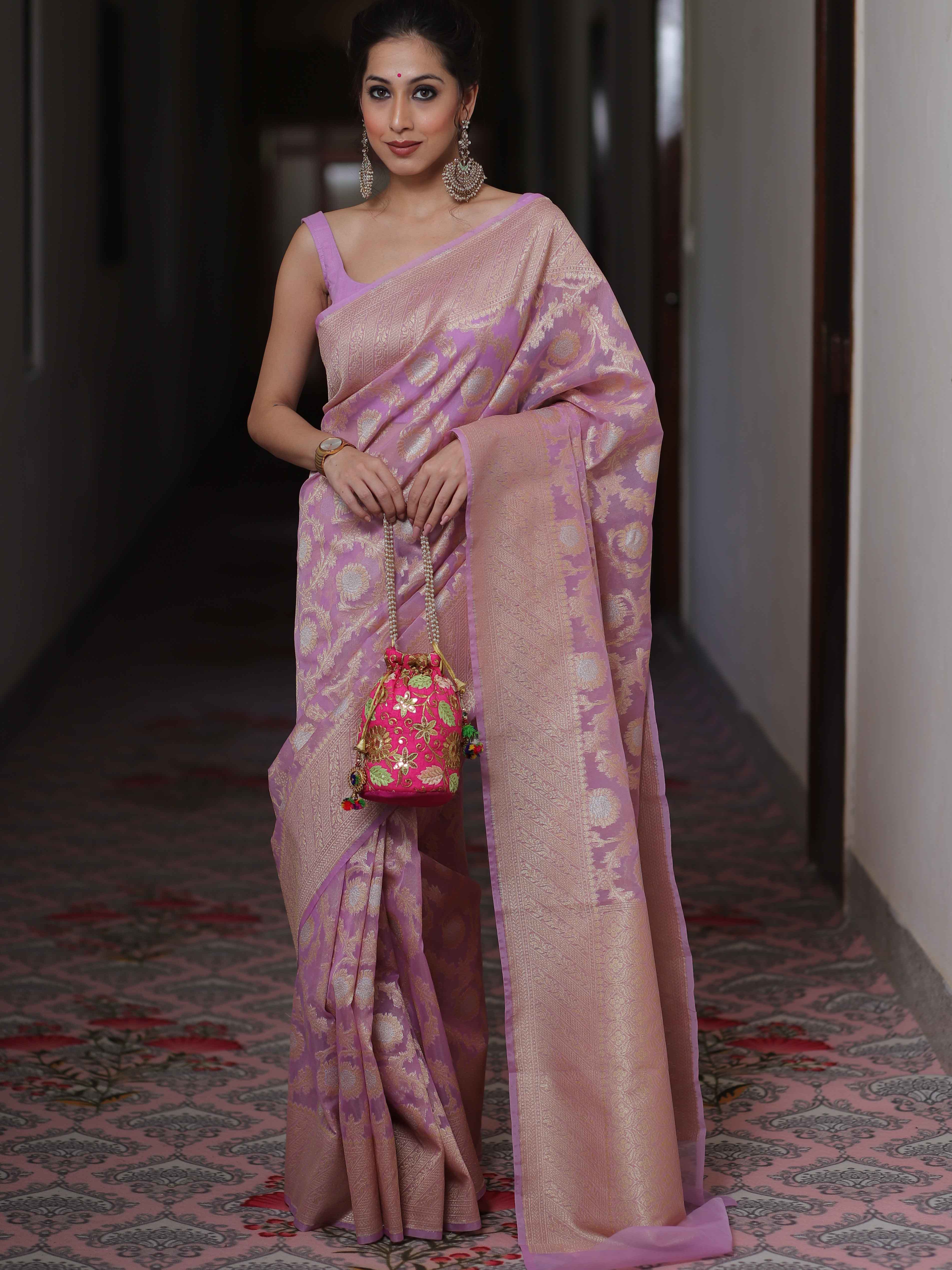 Banarasee Organza Silk Saree With Zari & Meena Jaal & Border-Lavender