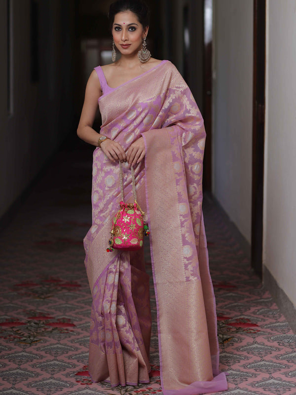 Banarasee Organza Silk Saree With Zari & Meena Jaal & Border-Lavender