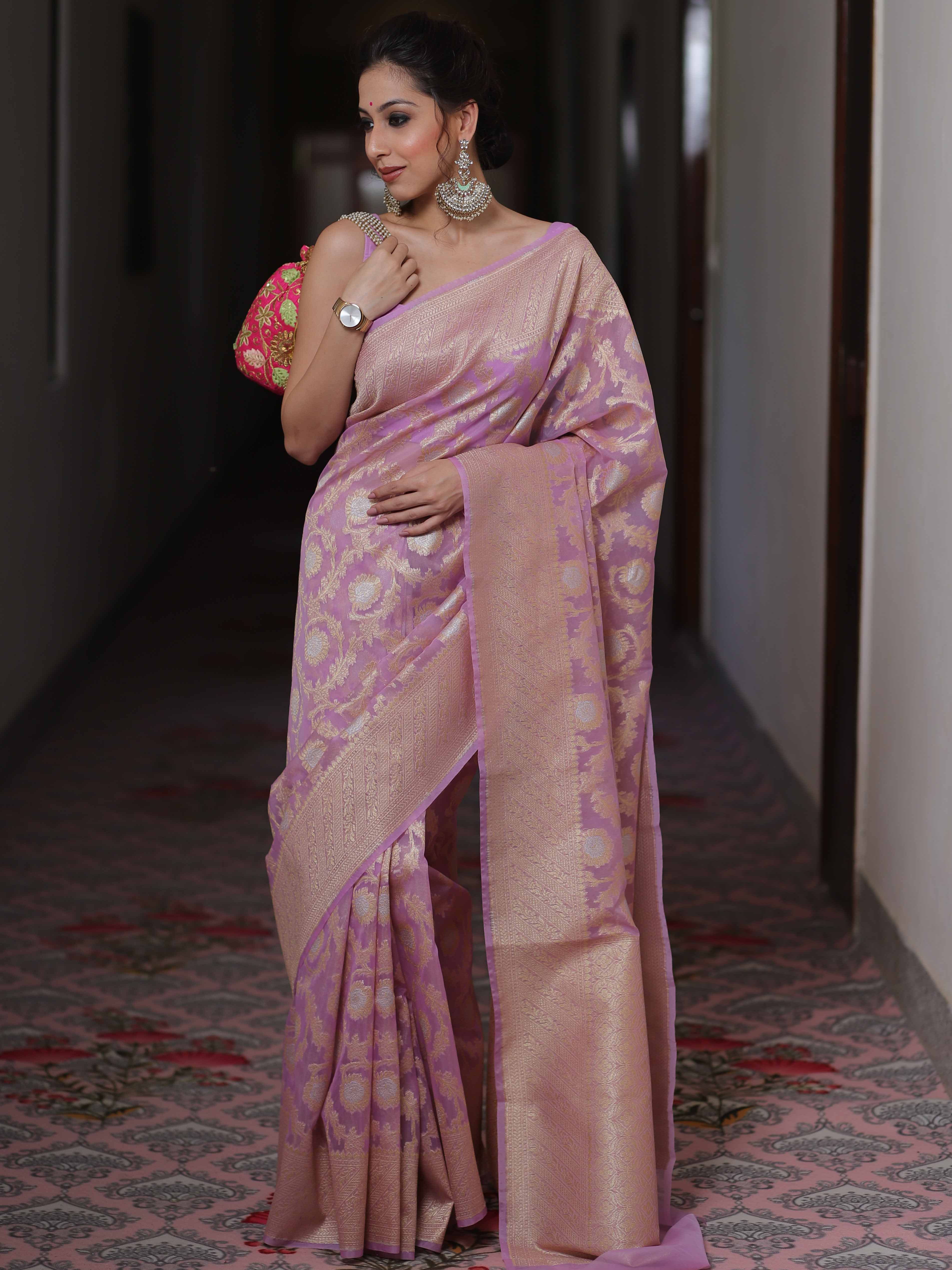 Banarasee Organza Silk Saree With Zari & Meena Jaal & Border-Lavender