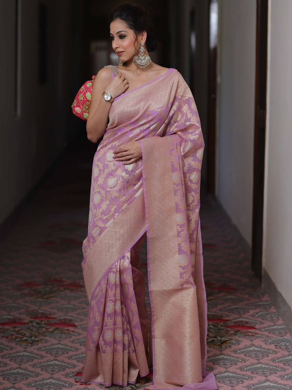 Banarasee Organza Silk Saree With Zari & Meena Jaal & Border-Lavender