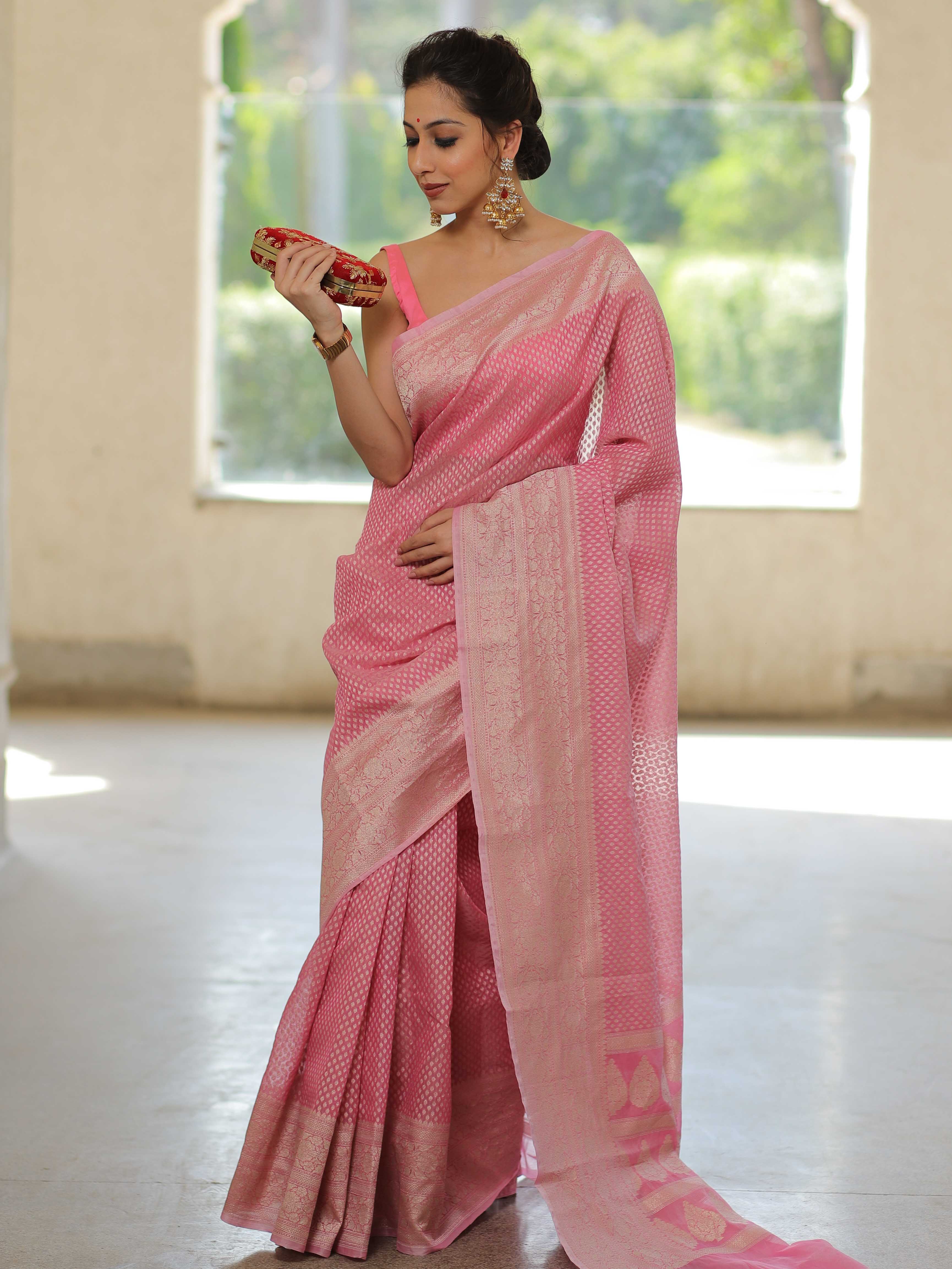 Banarasee Organza Silk Saree With Zari Motifs & Border-Pink
