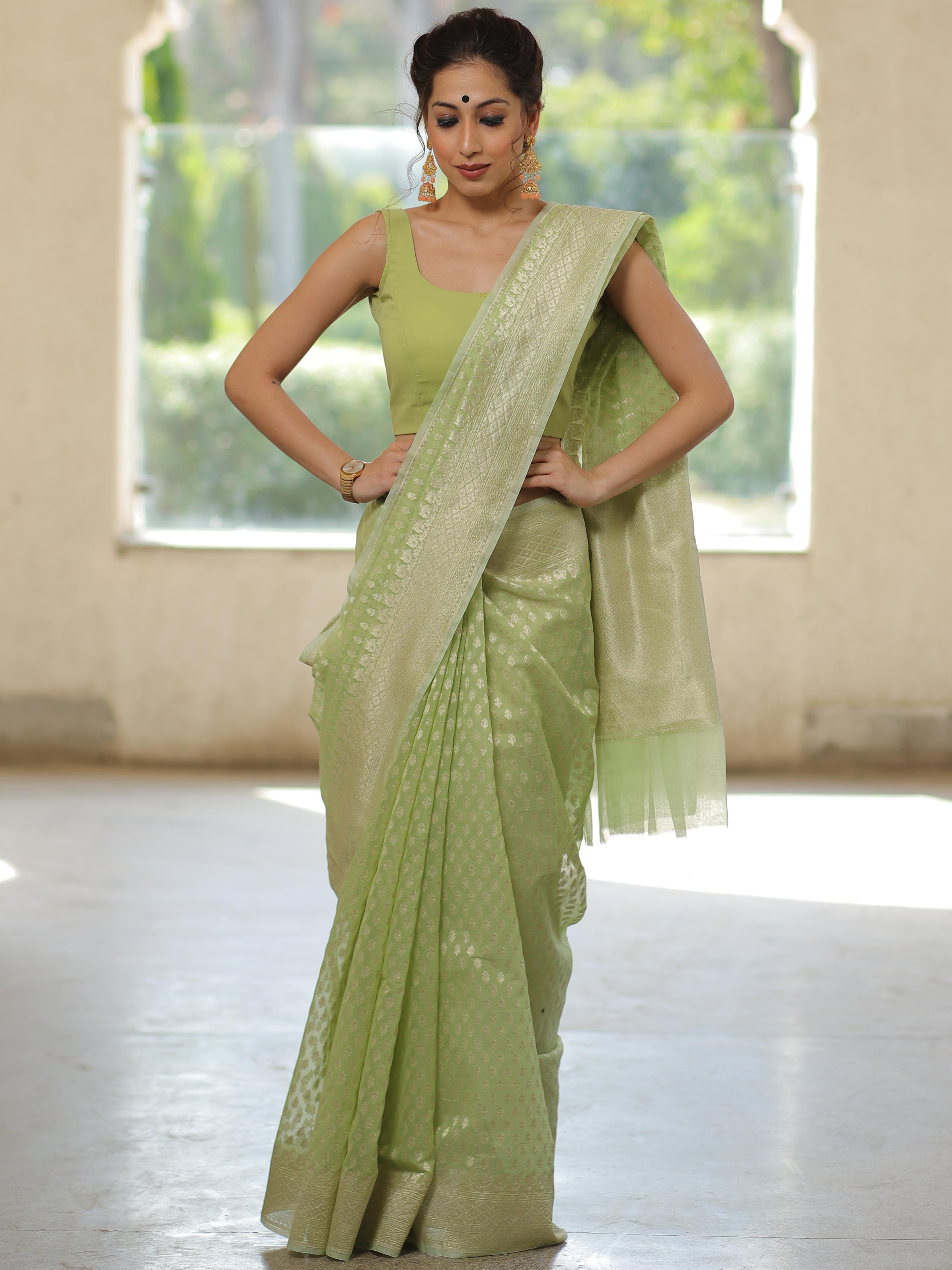 Banarasee Organza Silk Saree With Zari Motifs & Border-Mint Green
