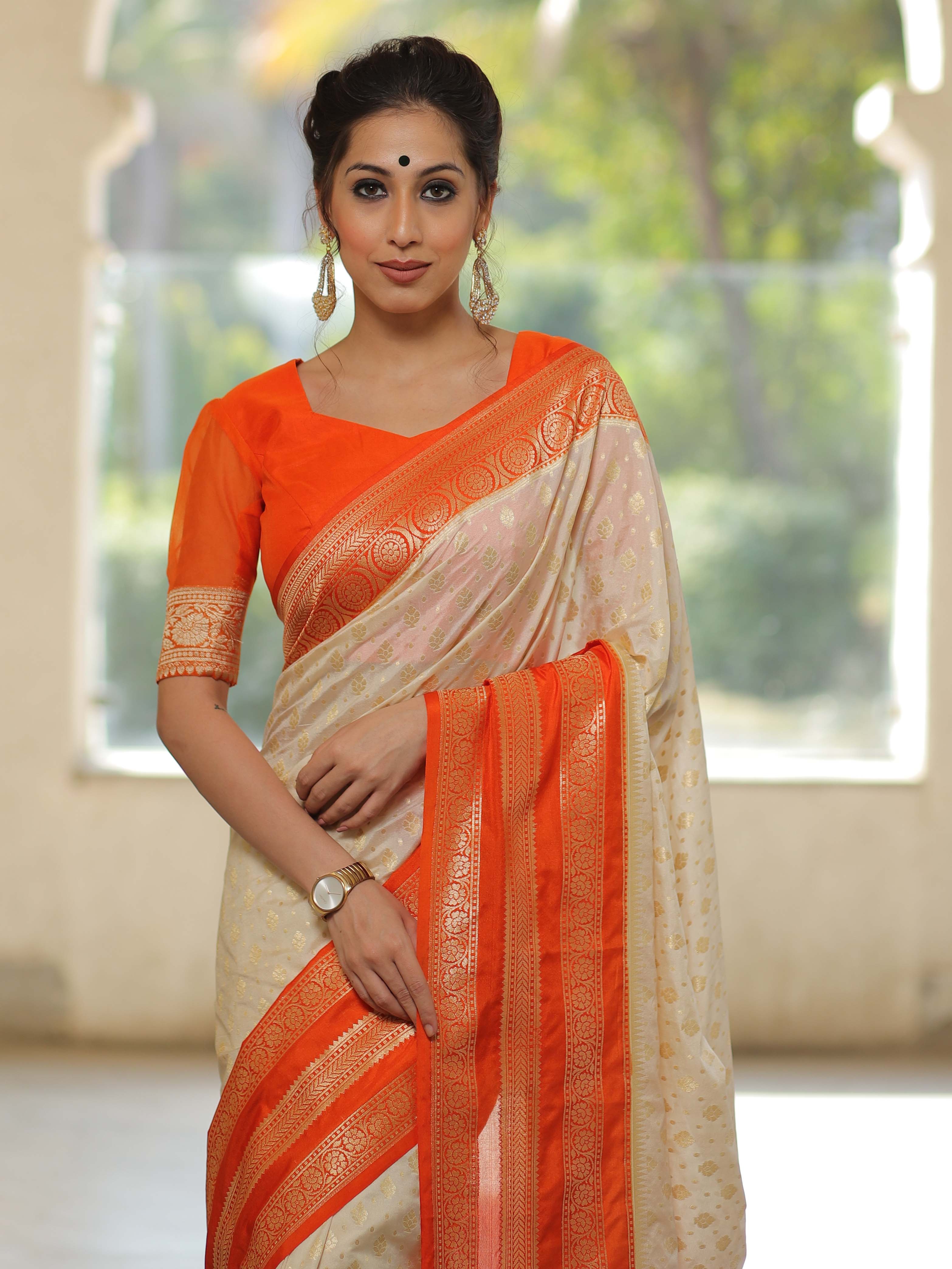 Banarasee Semi-Katan Zari Buta & Contrast Border Saree-White & Orange