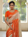 Banarasee Semi-Katan Zari Buta & Contrast Border Saree-White & Orange