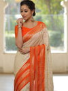 Banarasee Semi-Katan Zari Buta & Contrast Border Saree-White & Orange