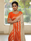 Banarasee Semi-Katan Zari Buta & Contrast Border Saree-White & Orange