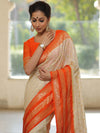 Banarasee Semi-Katan Zari Buta & Contrast Border Saree-White & Orange