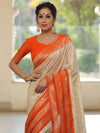 Banarasee Semi-Katan Zari Buta & Contrast Border Saree-White & Orange