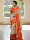 Banarasee Semi-Katan Zari Buta & Contrast Border Saree-White & Orange