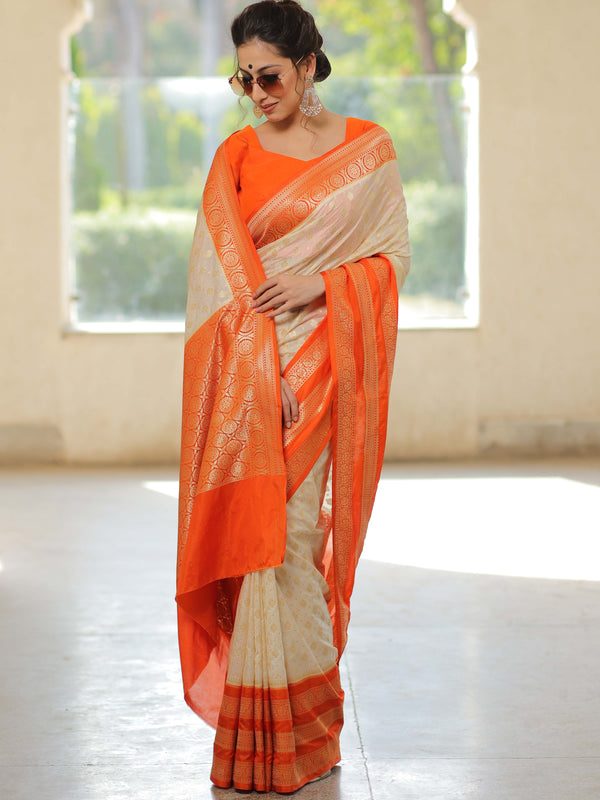 Banarasee Semi-Katan Zari Buta & Contrast Border Saree-White & Orange